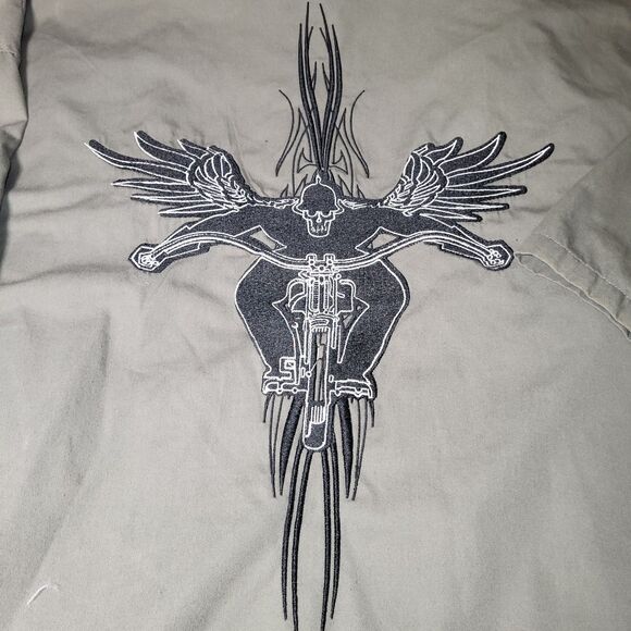 Dragonfly Roadhouse 3XL Biker Embroidered Skull Wings Motorcycle Button Up Gray - Picture 7 of 7